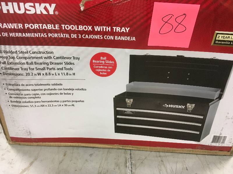 lot 88 image: HUSKY 20 in. 3-Drawer Portable Tool Box with Tray in good conditions