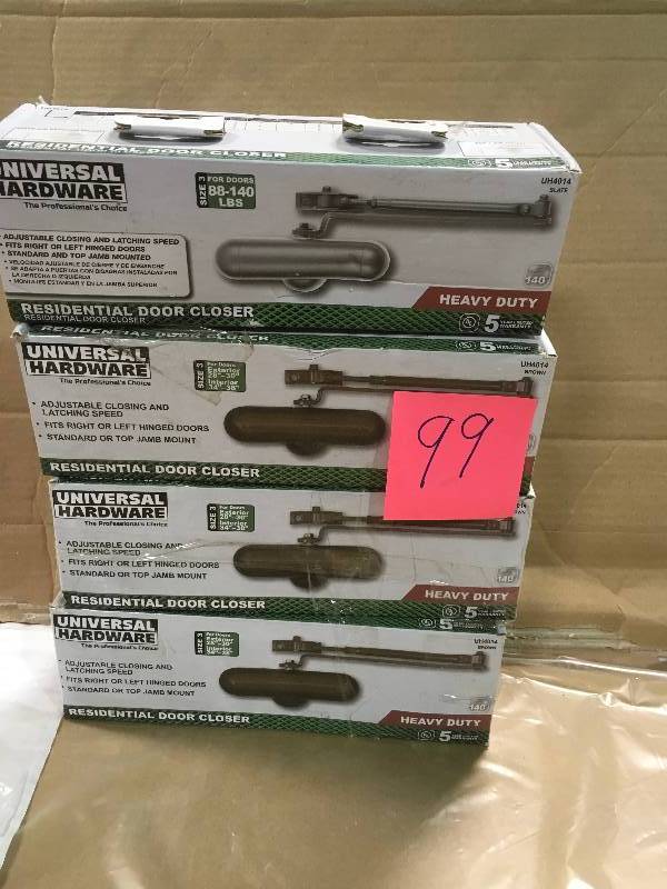 lot 99 image: LOT OF 4 Heavy Duty Residential Door Closer  UH4014 ( 3) BROWN, ( ONE)  SLATE COLORS not used