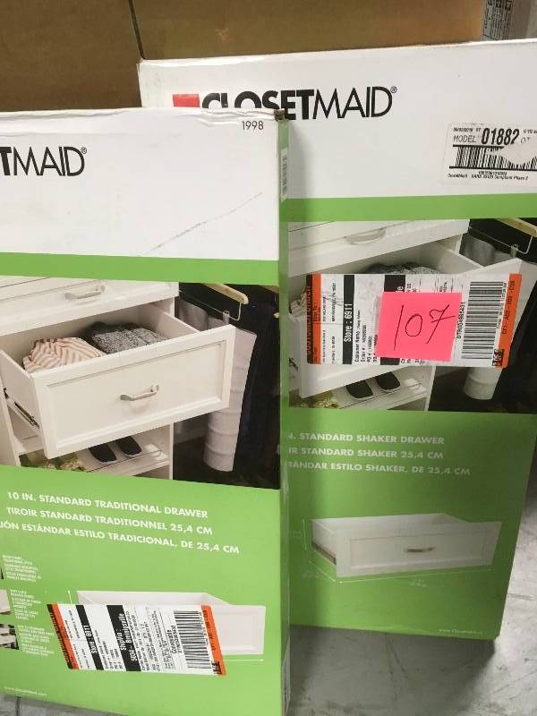 lot 107 image: Closetmaid Style 10 in. H x 25 in. W White Melamine Traditional Drawer Kit for 25 in. W Tower  LOT OF 2 new