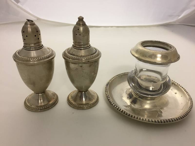 lot 188 image: Sterling Silver Salt & Pepper & Candleholder