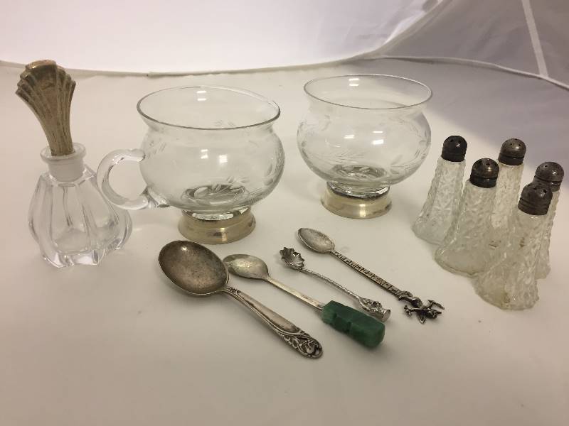 lot 242 image: Sterling Silver Spoons, Perfume Bottle, Creamer & Sugar, Salt & Pepper