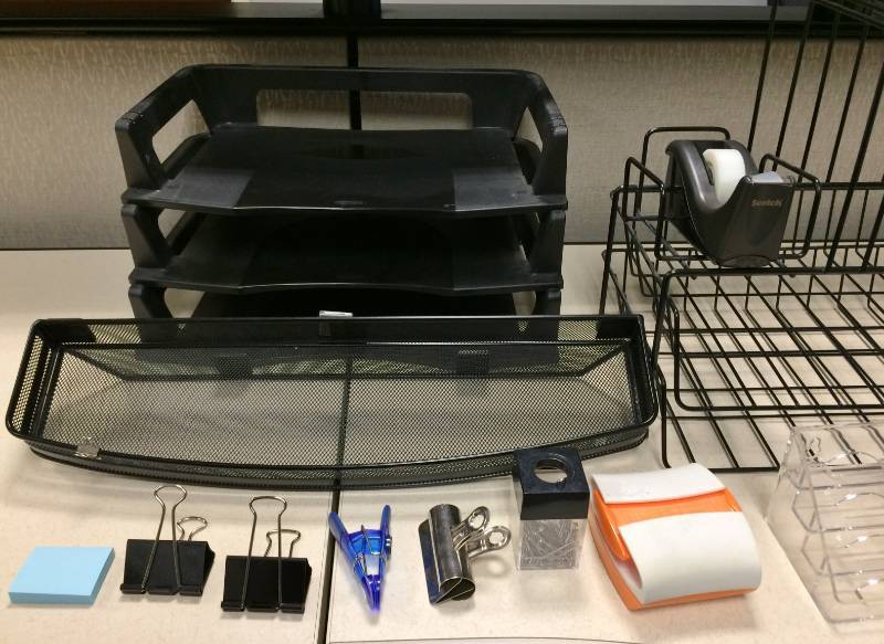 lot 8 image: Lot of Office Supplies and Organization Products - Bostitch Stapler, Staples, Tray, Basket, Wire Rack Organizers, Clips, Sticky Note, Surge Protector Bundle