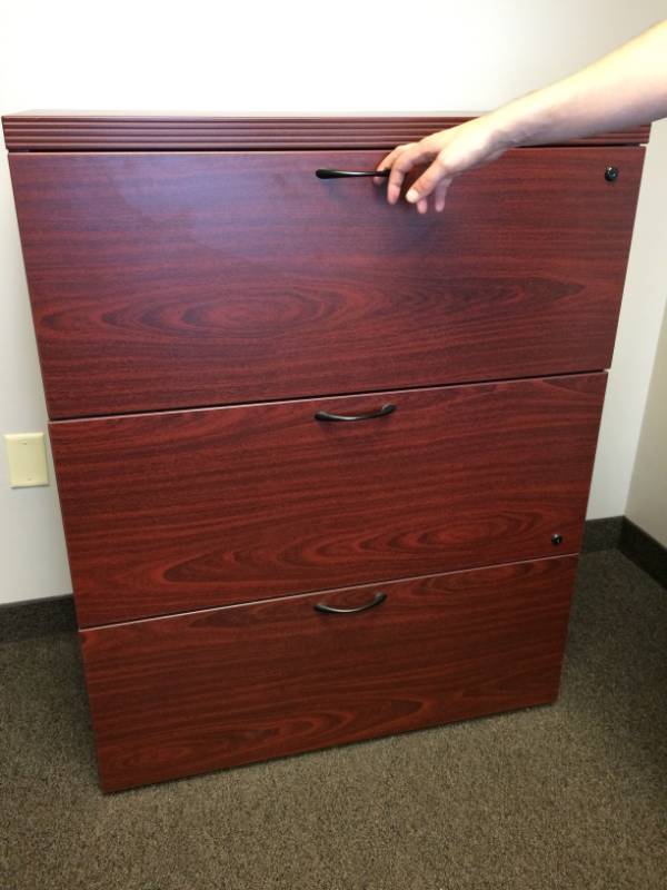 lot 9 image: High Quality Steelcase Turnstyle Payback Cherry Veneer Beautiful Wood 3 Drawer Lateral Filing Cabinet - 2 Drawers wLocks & Key - Like New Condition Matches Workstation Lot 10
