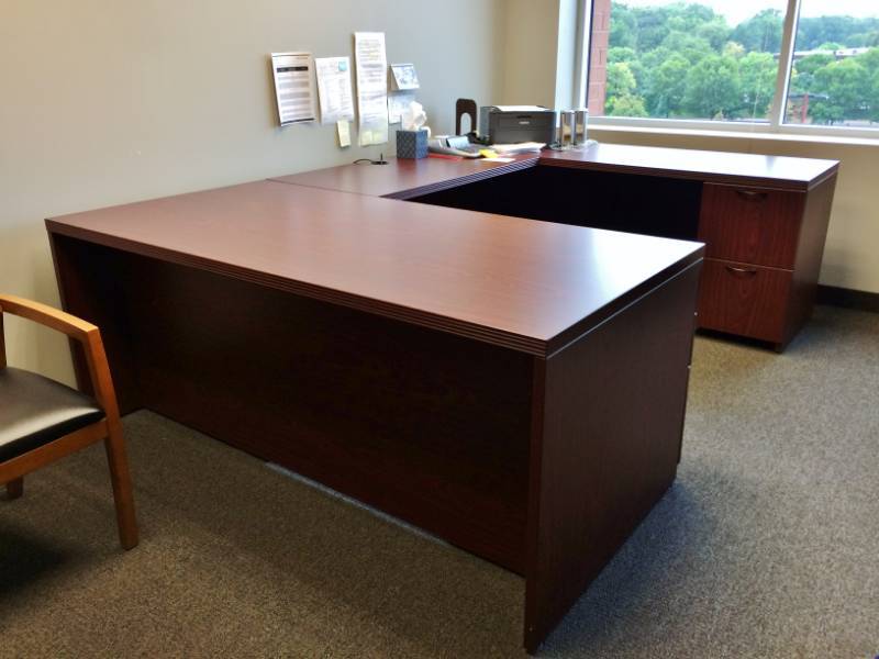 lot 10 image: MSRP $3500 Quality Steelcase Turnstyle&nbspCherry Wood Executive U Shape Workstation&nbsp24x72 Executive Single Pedestal 2 File Right Credenza, 36x72 Executive Single Pedestal 3 Drawers Left Credenza - Shell Connector for U Shaped Combo Like New Cond