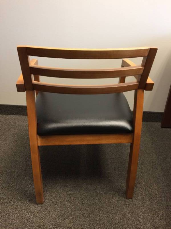 lot 15 image: Classic Wood Waiting Room Office Chair with Black Leather Seat - Like New Condition