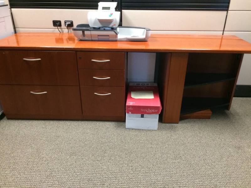 lot 48 image: Gieger Brickell Wood Desk With 2 Over-sized Filing Drawers and 2 Drawers over standard File Drawer - Lock on top Drawer - Extended Desk Space with Working Surface and Space for Computer Tower Shredder or other