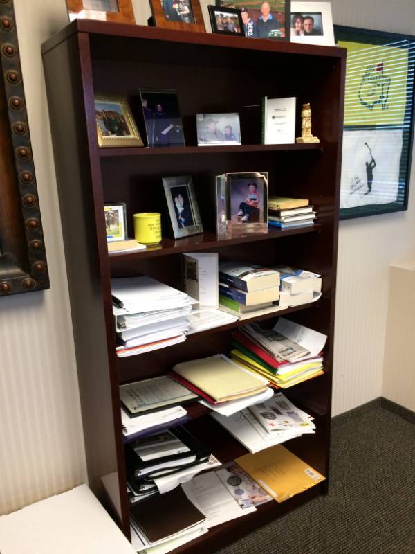lot 13 image: 6 Shelf Open Style Wood Book Case Filing Cabinet