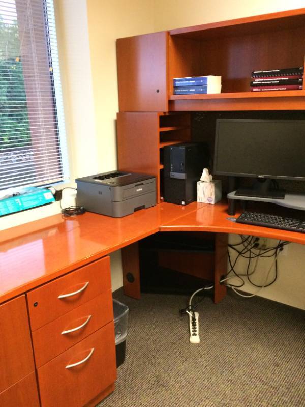 lot 50 image: Geiger Brickel Office Credenza Executive Workstation Cherry Finish - U Shape with Oval End Table Pedestal - Like New Condition