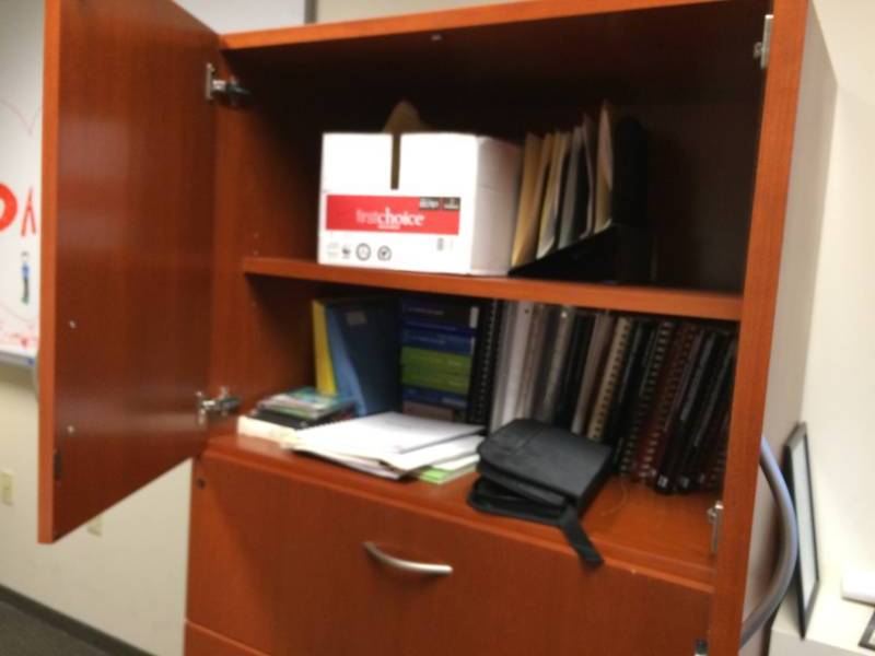 lot 47 image: Wow High Quality Geiger Brickell Cherry 3 Drawer 2 Door Locking File Cabinet - Like New Condition - Matches Workstations in lots 48,49,50,51 Contents Not Included.