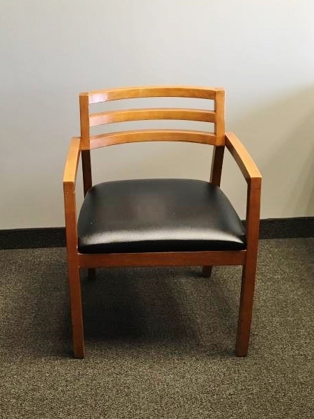 lot 16 image: Classic Wood Waiting Room Office Chair with Black Leather Seat - Like New Condition