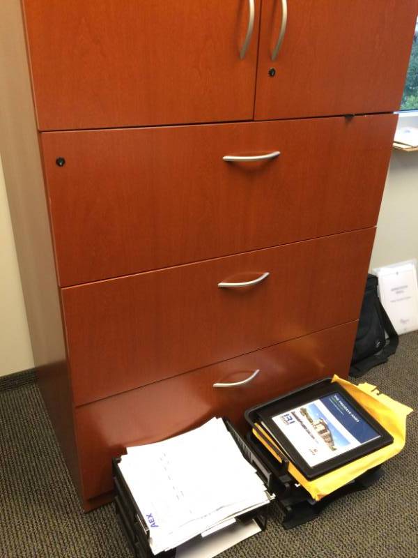 lot 47A image: Wow High Quality Geiger Brickell Cherry 3 Drawer 2 Door Locking File Cabinet - Like New Condition - Matches Workstations in lots 48,49,50,51 Contents Not Included.