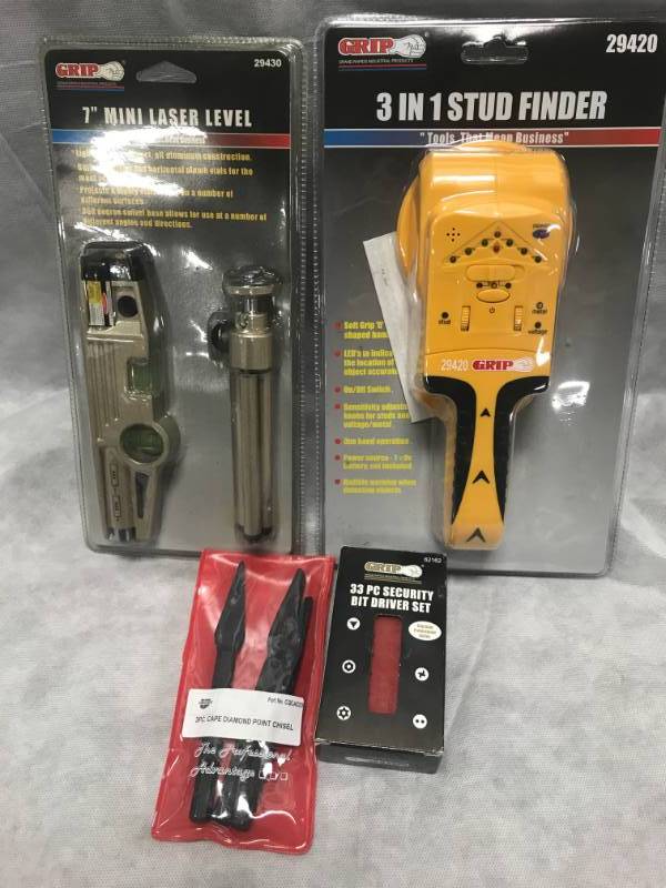 lot 62 image: Lot of 4 Misc Tools Carquest Chisel set, stud finder, laser level, security bit set