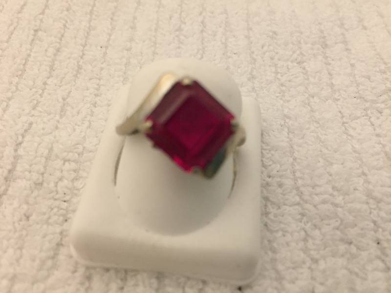 10K White Gold Ring Large Red Stone