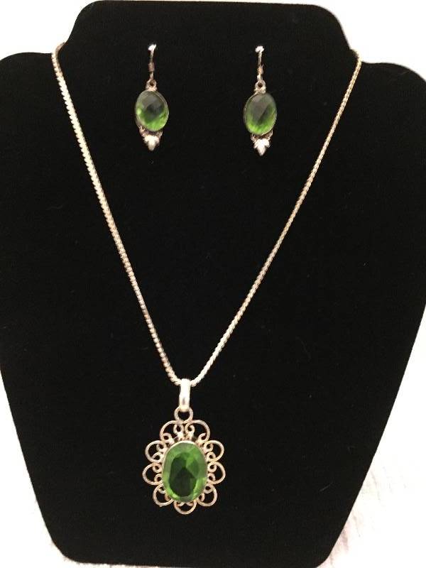 Sterling Silver Necklace & Earring Set - Large Green Stones