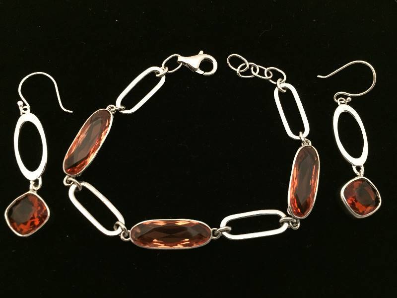 Sterling Silver Bracelet & Earrings - Orange Stones