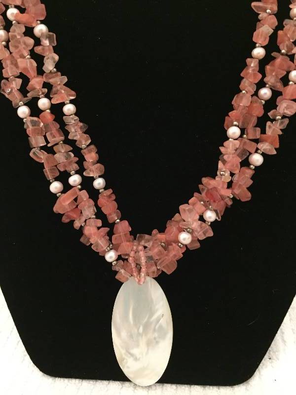 Pink Stone Pearl Sterling Multi Strand Necklace