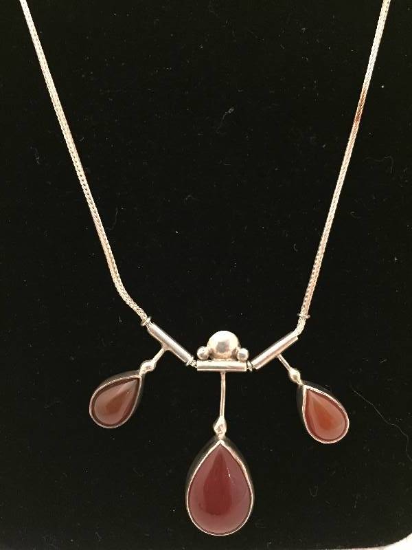 Sterling Silver Drop Necklace Red Orange Stones