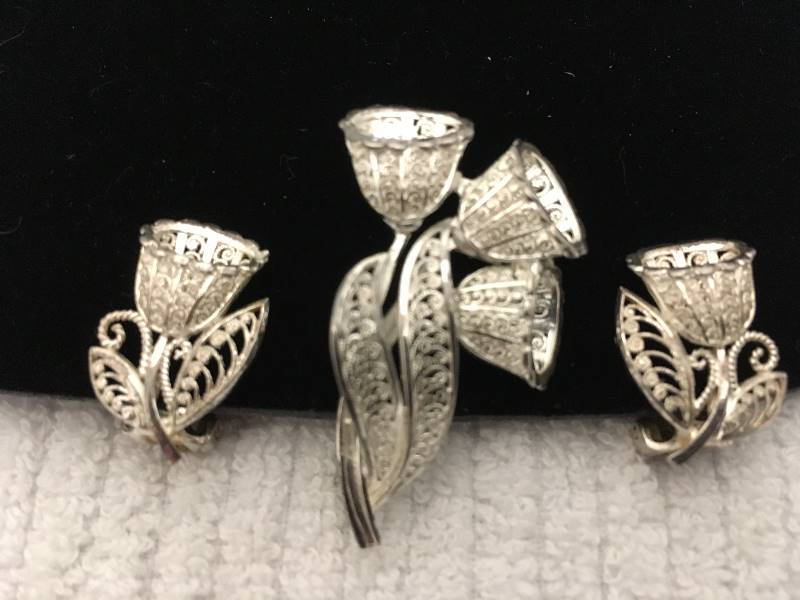 Vintage Sterling Silver Brooch & Clip Earrings