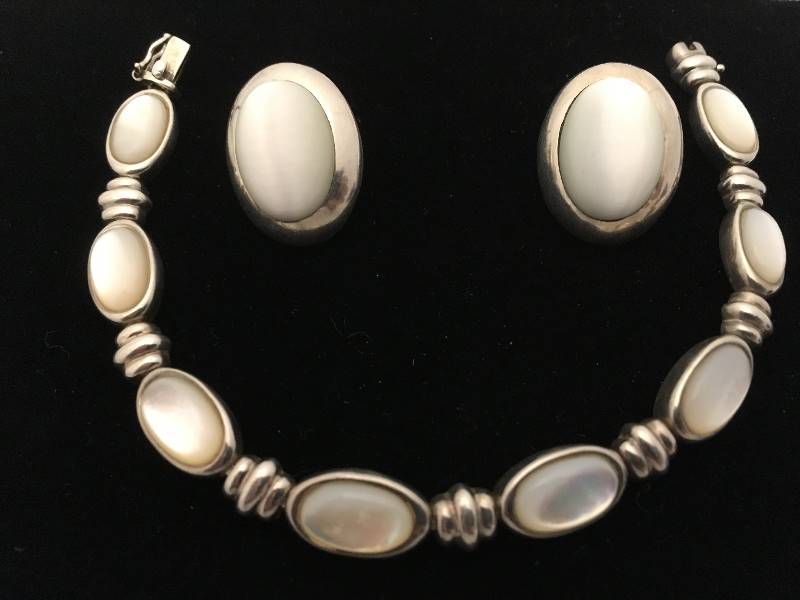 Sterling Silver & Mother of Pearl Bracelet & Earrings