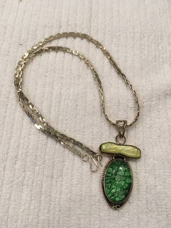 Sterling Silver Green Pearl Stone Necklace