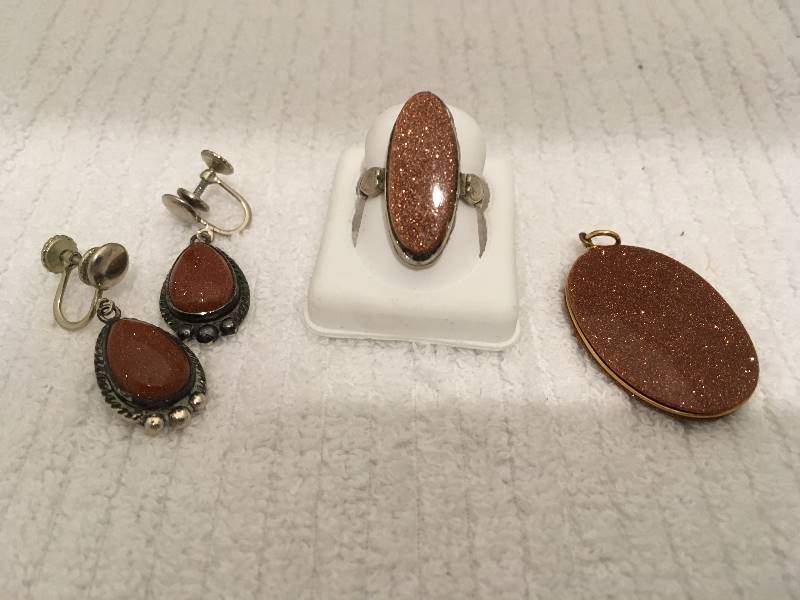 Sterling Silver Copper Glitter Stone Earrings Ring Pendant