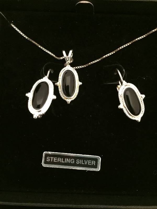 Sterling Silver Black Stone Necklace & Earring Set