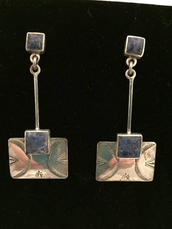 Sterling Silver Long Earrings - Blue Stone
