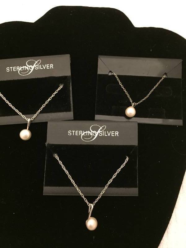3 New Sterling Silver & Pearl Necklaces