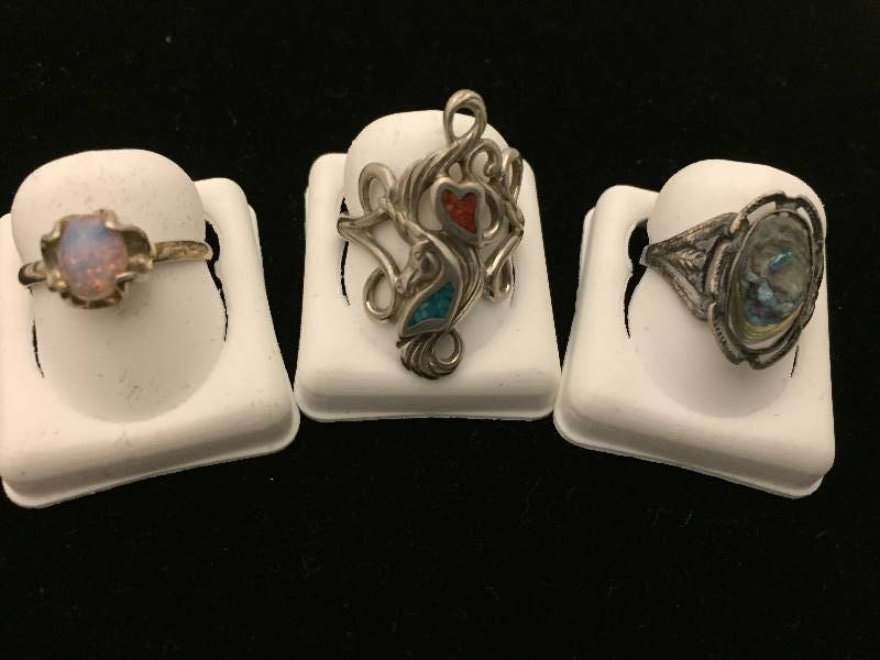 3 Sterling Silver Rings - Abolone, Turquoise, more
