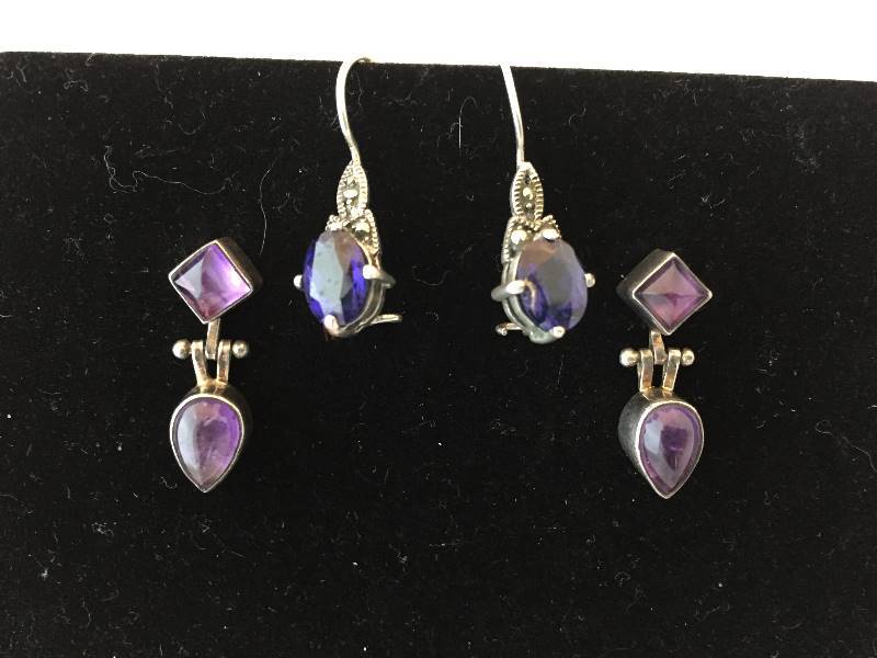 Vintage Sterling Silver Pierced Earrings Purple Stones