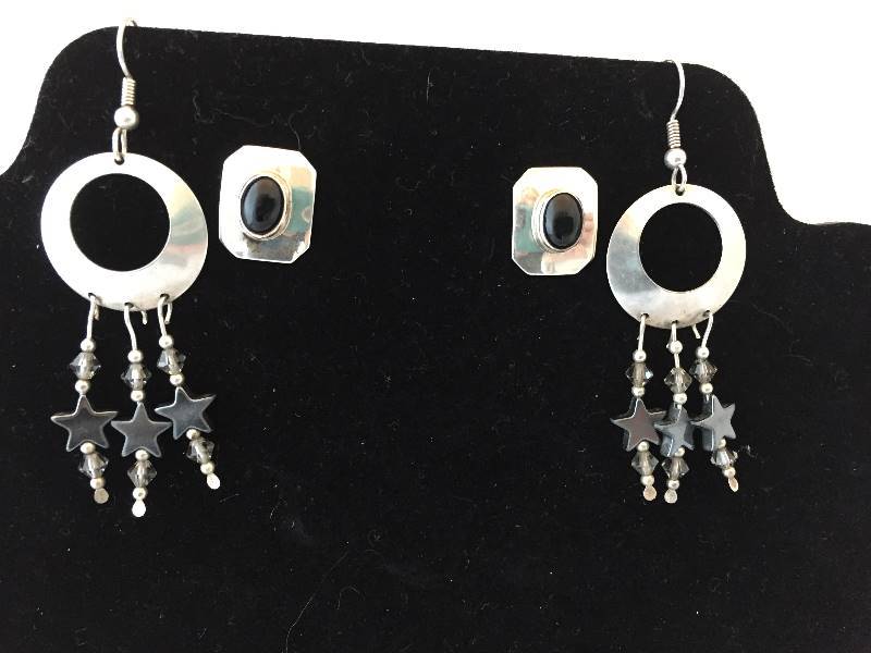 2 Pairs Sterling Silver Earrings - Black Stones Hematite