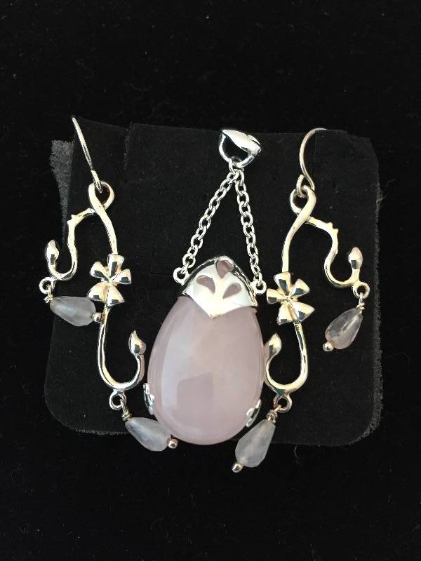 Sterling Silver Pendant & Earring Set Pink Stones