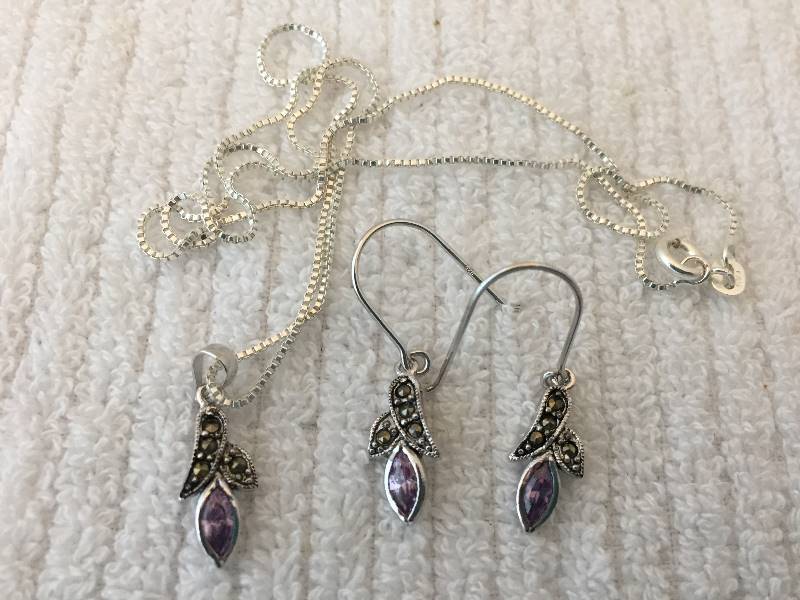Sterling Silver Marcasite Necklace & Earrings Purple Stone
