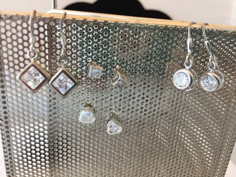 4 Pairs Sterling Silver Pierced Earrings - Faux Diamond