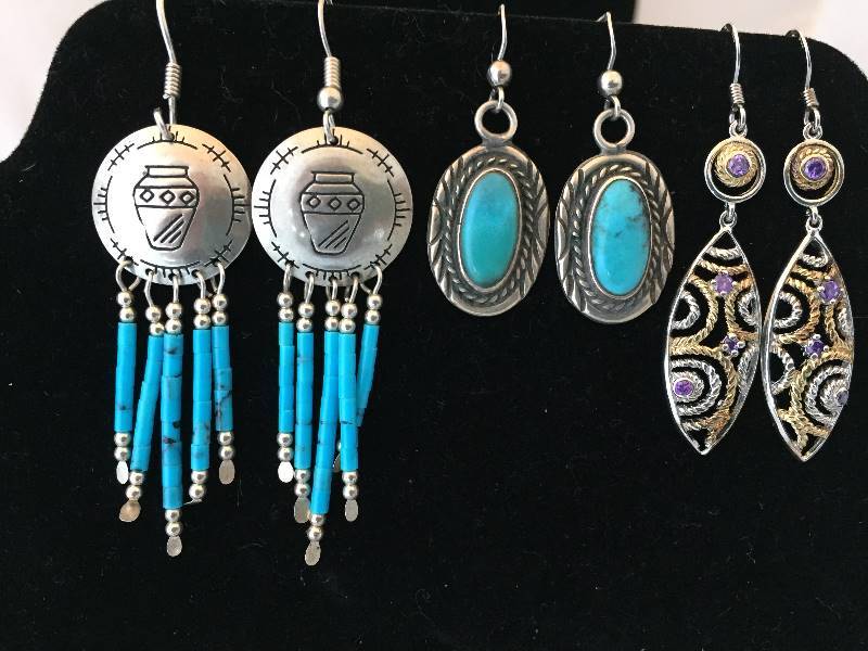 3 Pairs Sterling Silver Earrings - Turquoise