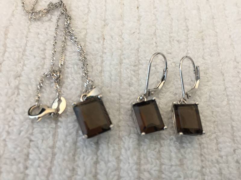 Sterling Silver Necklace & Earring Set - Brown Stones