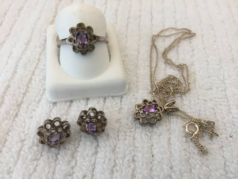 Sterling Silver Necklace, Earrings, Ring Set - Purple Stones