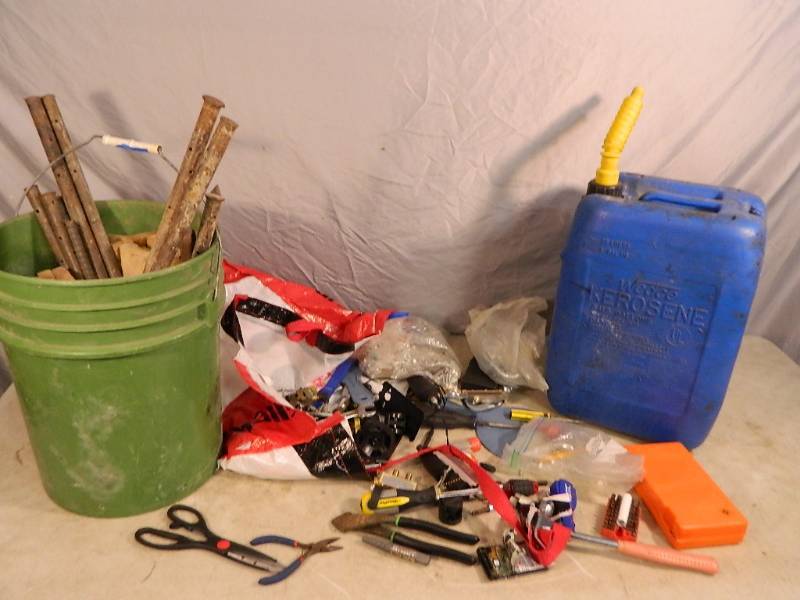 lot 139 image: Tools, Concrete Stakes, Kerosene Jug, Etc
