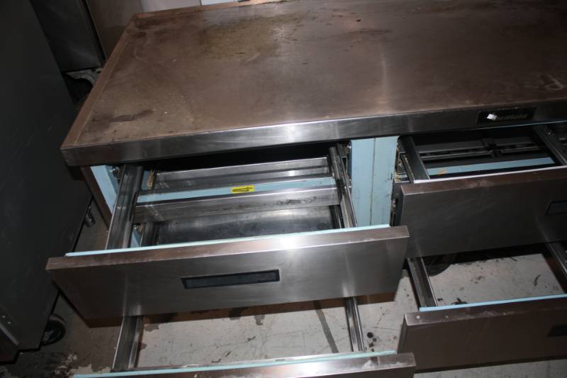 lot 11 image: Delfield 4 Drawer Stainless Steel Equipment Stand on Casters - 115 Volts - 75.5 x 31 x 25.5 - NSF ApprovedRuns Does Not Cool