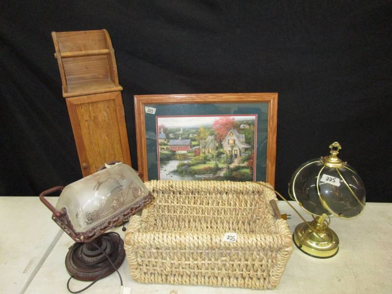 lot 88 image: Toilet Paper Holder, Nice basket, 2 nice lamps and beautiful picture