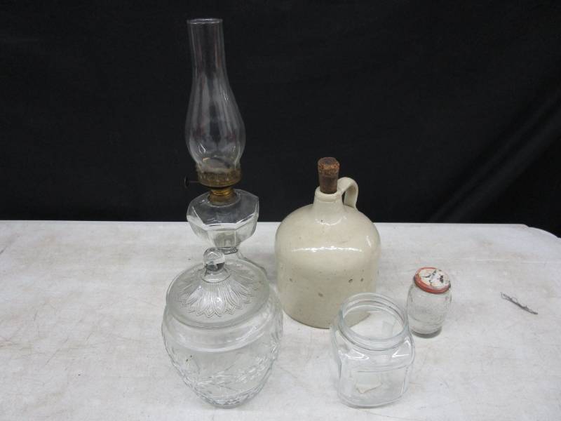 lot 92 image: Jug, Lantern, Cookie Jar, and misc glassware