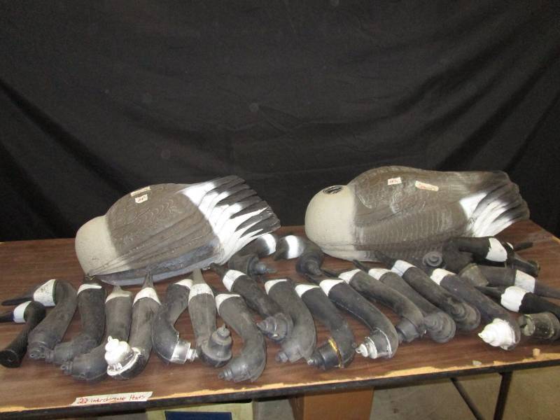 lot 98 image: 16 Goose Land Decoys, 22 Interchangeable Heads