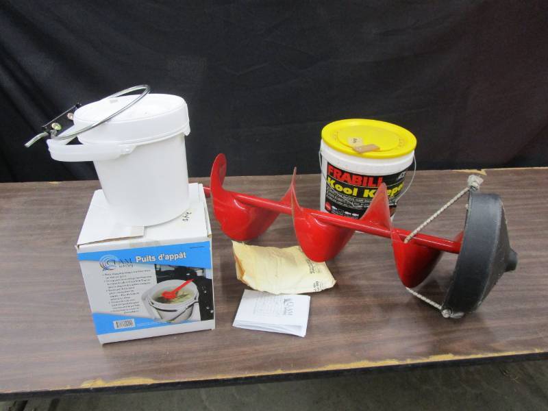 lot 133 image: Clam Bait Bucket, Fabill Bait Bucket, 8 Strike Master Ice Auger with 3 extra blades