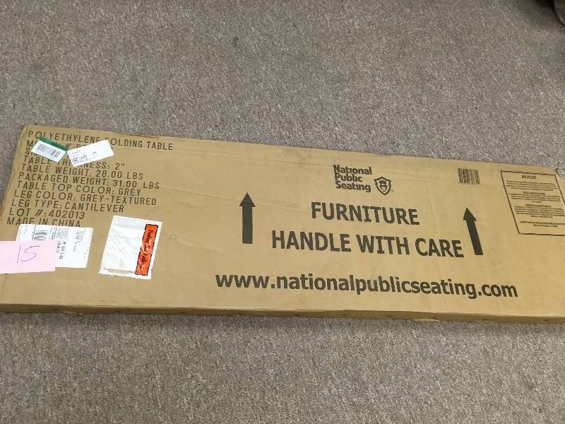 lot 15 image: 18 in. x 60 in. Grey Seminar Plastic Folding Table not used