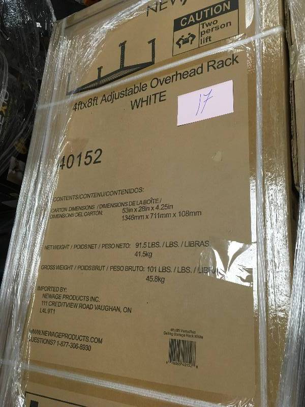 lot 17 image: Performance 96 in. L x 48 in. W x 42 in. H Adjustable VersaRac Ceiling Storage Rack in White not used