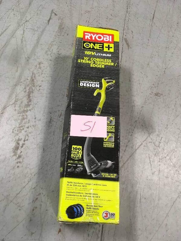 lot 51 image: Ryobi ONE 18-Volt Lithium-Ion Electric Cordless String Trimmer and Edger - 1.3 Ah Battery and Charger Included  USED in working conditions