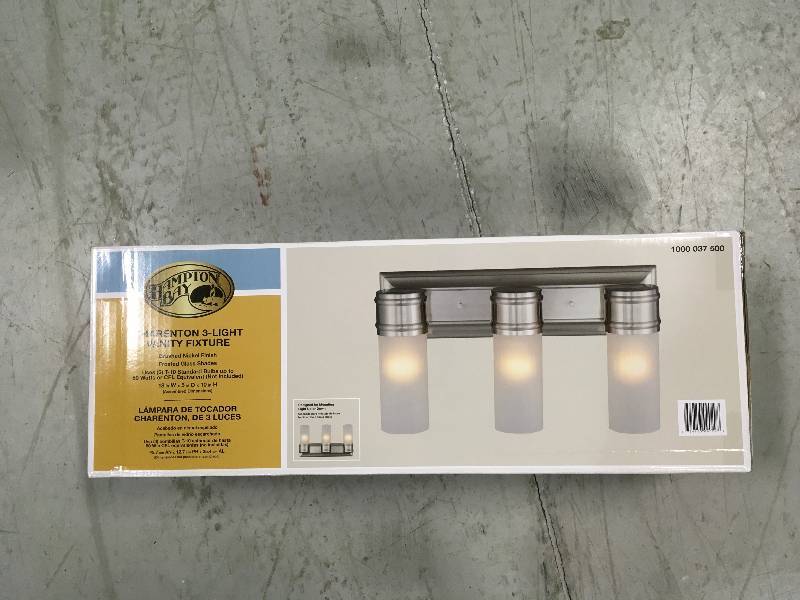 lot 53 image: 3-Light Brushed Nickel Wall Vanity Fixture new