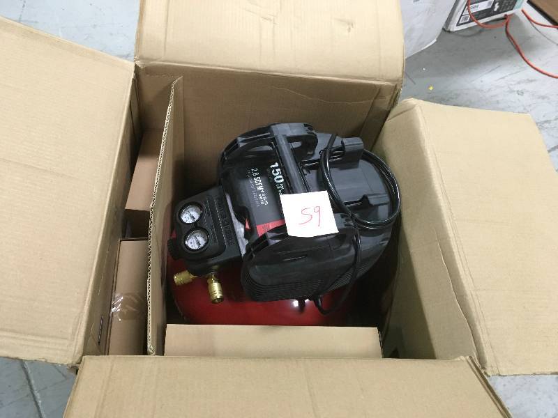lot 59 image: PORTER CABLE 6 Gal. 150 PSI Portable Electric Air Compressor, 16-Gauge Nailer, 18-Gauge Nailer and 38 in. Stapler Combo Kit (3-Tool) USED WORKS