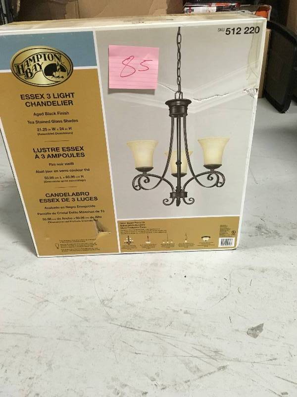 lot 85 image: Hampton Bay 14708 Essex 3-Light Aged Black Chandelier Aged Black new