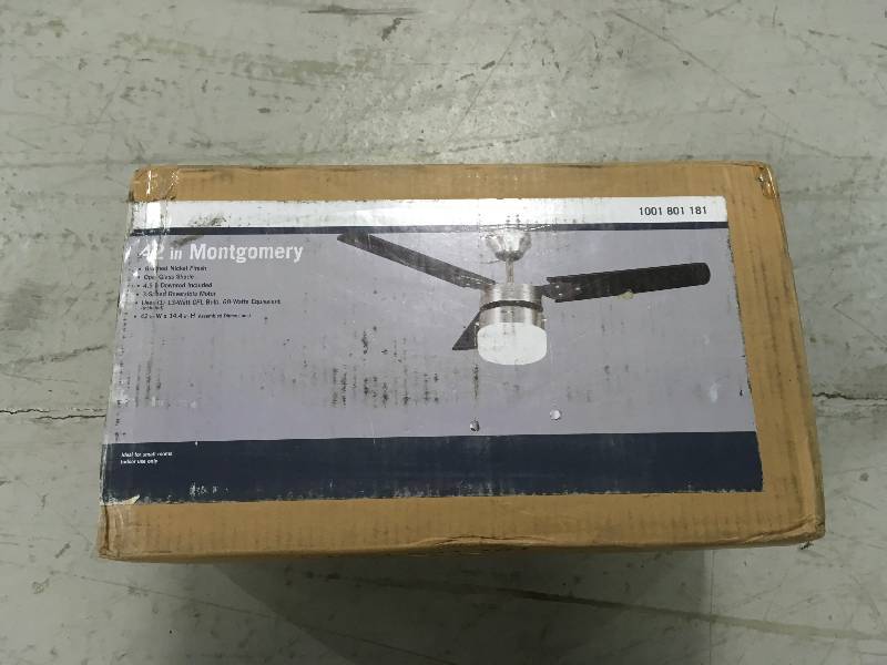 lot 97 image: Montgomery 42 in. Indoor Brushed Nickel Ceiling Fan with Light in good conditions